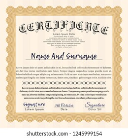 Orange Sample Certificate. Modern design. Vector illustration. With guilloche pattern. 