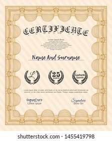 Orange Sample Certificate. Modern design. With complex linear background. Detailed. 