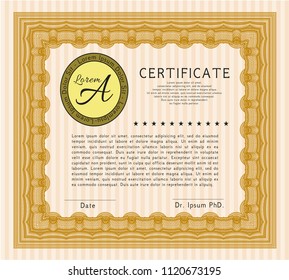 Orange Sample Certificate. Money design. With great quality guilloche pattern. Customizable, Easy to edit and change colors. 
