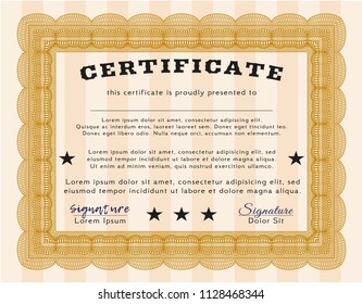 Orange Sample Certificate. Money design. With great quality guilloche pattern. Detailed. 