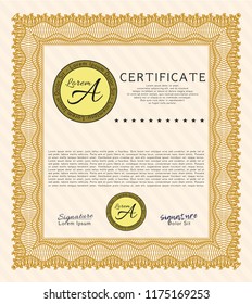 Orange Sample Certificate. Money design. Detailed. Complex background. 