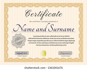 Orange Sample Certificate. Money design. Vector illustration. Printer friendly. 