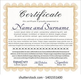 Orange Sample Certificate. Money design. With guilloche pattern and background. Detailed. 
