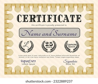 Orange Sample Certificate.  Money design.  With guilloche pattern and background.   
