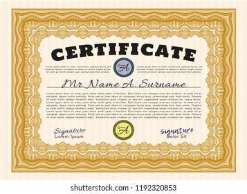 Orange Sample Certificate. Money Pattern design. With great quality guilloche pattern. Detailed. 