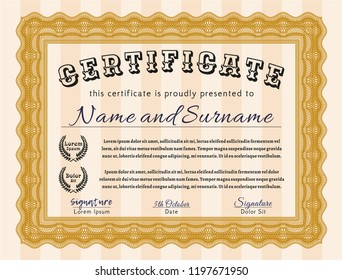Orange Sample Certificate. Money Pattern design. Detailed. With background. 