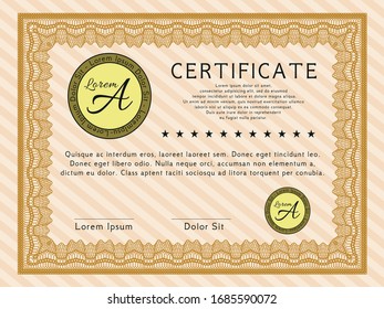 Orange Sample Certificate. Money Pattern. Printer friendly. Detailed. 