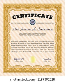 Orange Sample Certificate. Money style design. With quality background. Vector illustration. 
