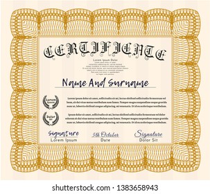 Orange Sample Certificate. Money style design. Customizable, Easy to edit and change colors. Easy to print. 