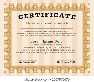 Certificado de ejemplo naranja. Diseño estilo dinero. Detallado. Con patrón guilloche y fondo. 