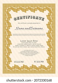Orange Sample Certificate.  Money style design.  With background.  Customizable, Easy to edit and change colors. 