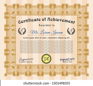 Orange Sample Certificate. Perfect design. Detailed. With guilloche pattern and background. 