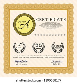 Orange Sample Certificate. Sophisticated design. Vector illustration. With background. 