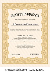 Orange Sample Certificate. Sophisticated design. Detailed. With guilloche pattern. 