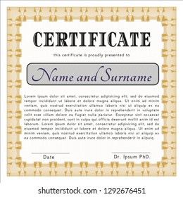 Orange Sample Certificate. Superior design. With guilloche pattern. Vector illustration. 