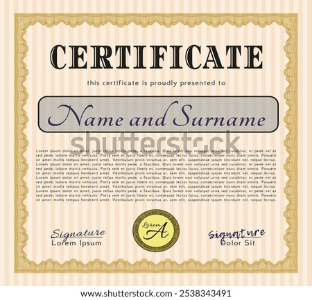 Orange Sample Certificate.  Superior design.  With guilloche pattern.  Vector illustration. 