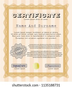Orange Sample Certificate. Vector illustration. With guilloche pattern and background. Money Pattern design. 