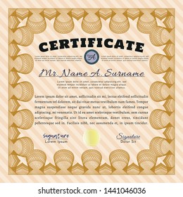 Orange Sample Certificate. Vector illustration. With complex background. Lovely design. 