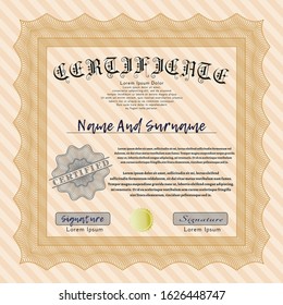 Orange Sample Certificate. Vector illustration. With complex linear background. Cordial design. 