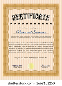 Orange Sample Certificate. Vector illustration. With complex background. Money Pattern design. 