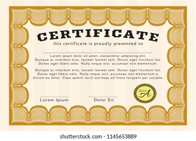 Orange Sample Diploma. With background. Excellent design. Vector illustration. 