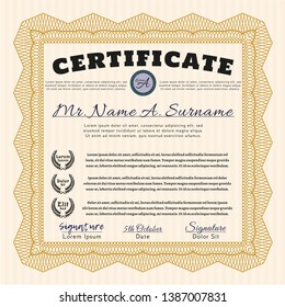Orange Sample Diploma. With background. Money Pattern. Vector illustration. 