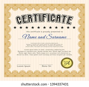 Orange Sample Diploma. Complex background. Retro design. Detailed. 