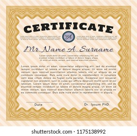 Orange Sample Diploma. With complex linear background. Customizable, Easy to edit and change colors. Artistry design. 