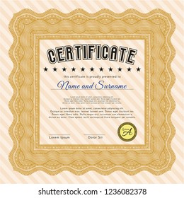 Orange Sample Diploma. With complex linear background. Retro design. Detailed. 