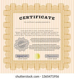 Orange Sample Diploma. With complex linear background. Money style design. Customizable, Easy to edit and change colors. 