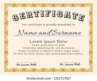 Orange Sample Diploma. Cordial design. Printer friendly. Vector illustration. 