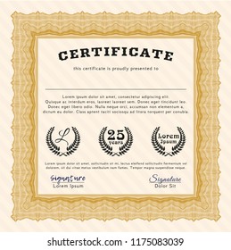Orange Sample Diploma. Detailed. With background. Money design. 