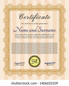 Orange Sample Diploma. Detailed. With complex linear background. Sophisticated design. 