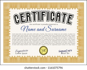 Orange Sample Diploma. Detailed. With guilloche pattern. Retro design. 