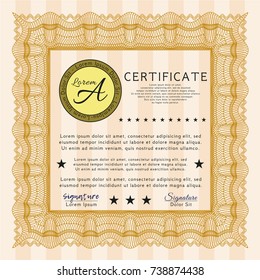 Orange Sample Diploma. Detailed. With linear background. Cordial design. 