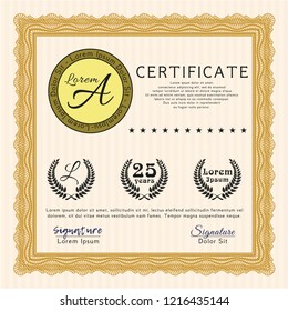 Orange Sample Diploma. Excellent design. Detailed. With guilloche pattern and background. 