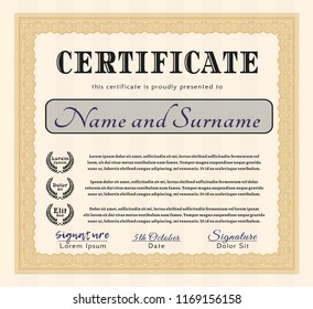 Orange Sample Diploma. Good design. Detailed. With complex linear background. 