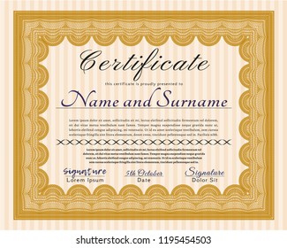 Orange Sample Diploma. With great quality guilloche pattern. Vector illustration. Modern design. 