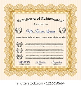 Orange Sample Diploma. With great quality guilloche pattern. Vector illustration. Nice design. 