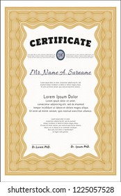 Orange Sample Diploma. With great quality guilloche pattern. Cordial design. Detailed. 