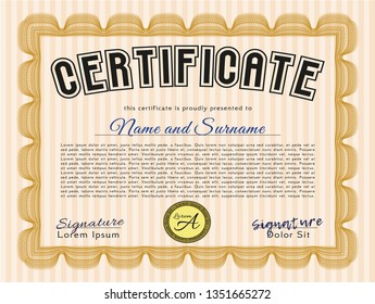 Orange Sample Diploma. With great quality guilloche pattern. Money Pattern design. Customizable, Easy to edit and change colors. 