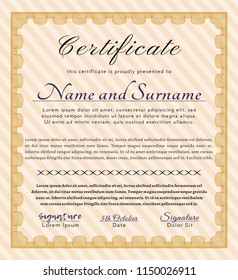 Orange Sample Diploma. With guilloche pattern and background. Retro design. Vector illustration. 