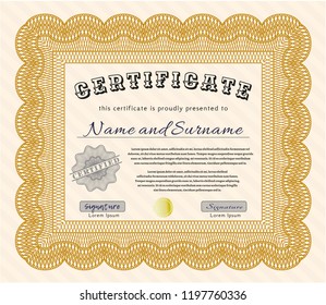 Orange Sample Diploma. With guilloche pattern and background. Good design. Vector illustration. 