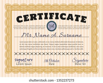 Orange Sample Diploma. With guilloche pattern and background. Detailed. Money Pattern design. 