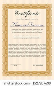 Orange Sample Diploma. With guilloche pattern and background. Modern design. Detailed. 