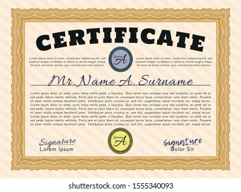 Orange Sample Diploma. With guilloche pattern and background. Modern design. Vector illustration. 