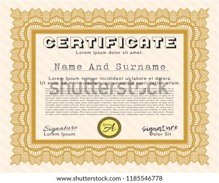 Orange Sample Diploma. With linear background. Cordial design. Detailed. 