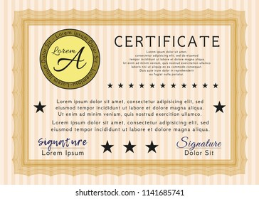 Orange Sample Diploma. Lovely design. With guilloche pattern. Vector illustration. 