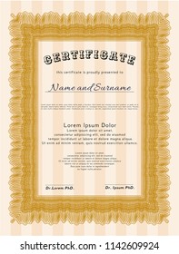 Orange Sample Diploma. Money Pattern design. With guilloche pattern. Detailed. 