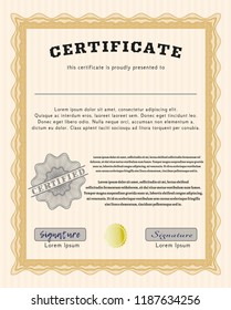 Orange Sample Diploma. Money Pattern. With great quality guilloche pattern. Vector illustration. 